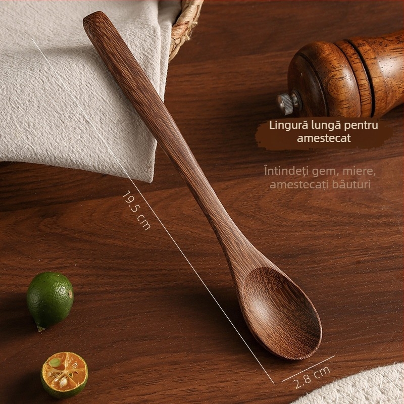 Lingură de bucătărie din lemn, cu mâner lung, potrivită pentru alimente, fără lac, rezistentă la temperaturi înalte