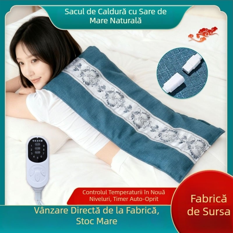 Sac de compresie caldă cu sare de mare, electric, pentru uz casnic, 40–70°C, 100W, 220V, 2,2 kg, 1–12 trepte de reglaj, protecție talie/ umeri/ genunchi
