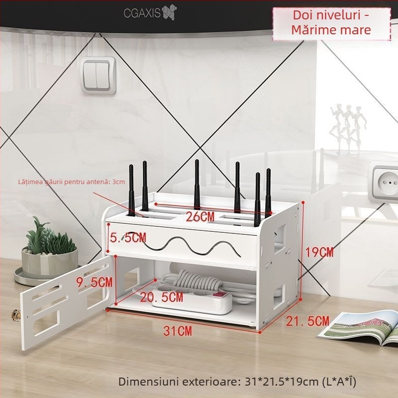Cutie de depozitare pentru router, structură PVC cu 4 niveluri, organizator cabluri rezistent la praf și umezeală, design simplu și modern, 1 bucată
