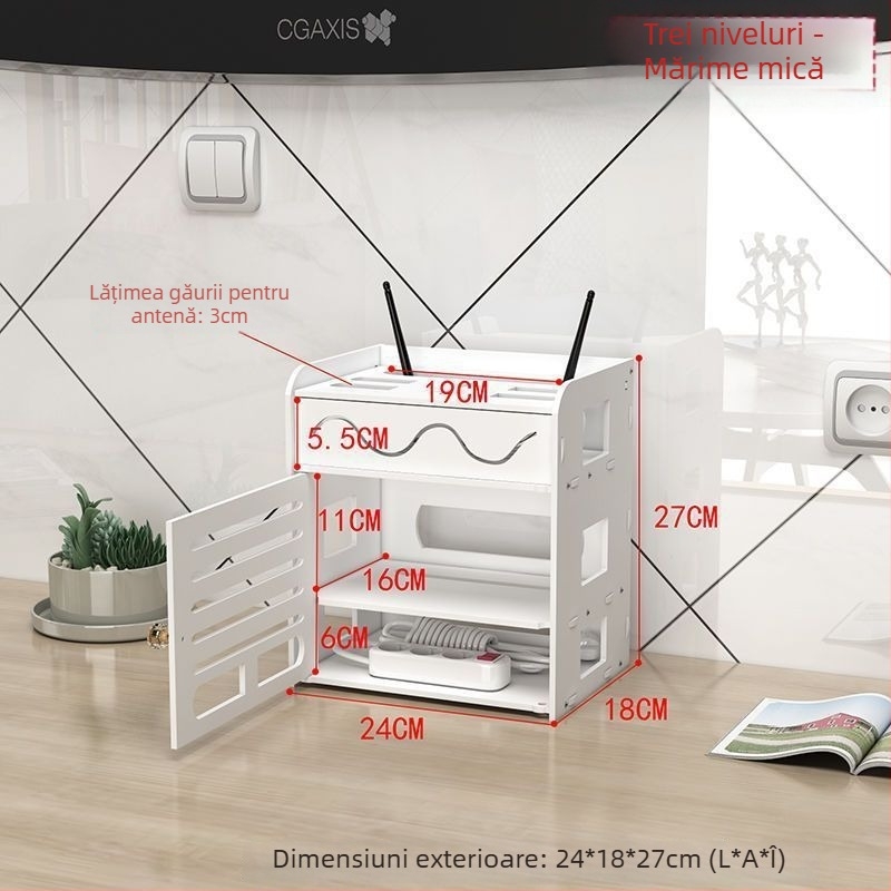 Cutie de depozitare pentru router, structură PVC cu 4 niveluri, organizator cabluri rezistent la praf și umezeală, design simplu și modern, 1 bucată