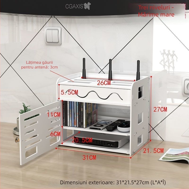 Cutie de depozitare pentru router, structură PVC cu 4 niveluri, organizator cabluri rezistent la praf și umezeală, design simplu și modern, 1 bucată