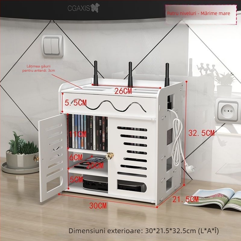 Cutie de depozitare pentru router, structură PVC cu 4 niveluri, organizator cabluri rezistent la praf și umezeală, design simplu și modern, 1 bucată