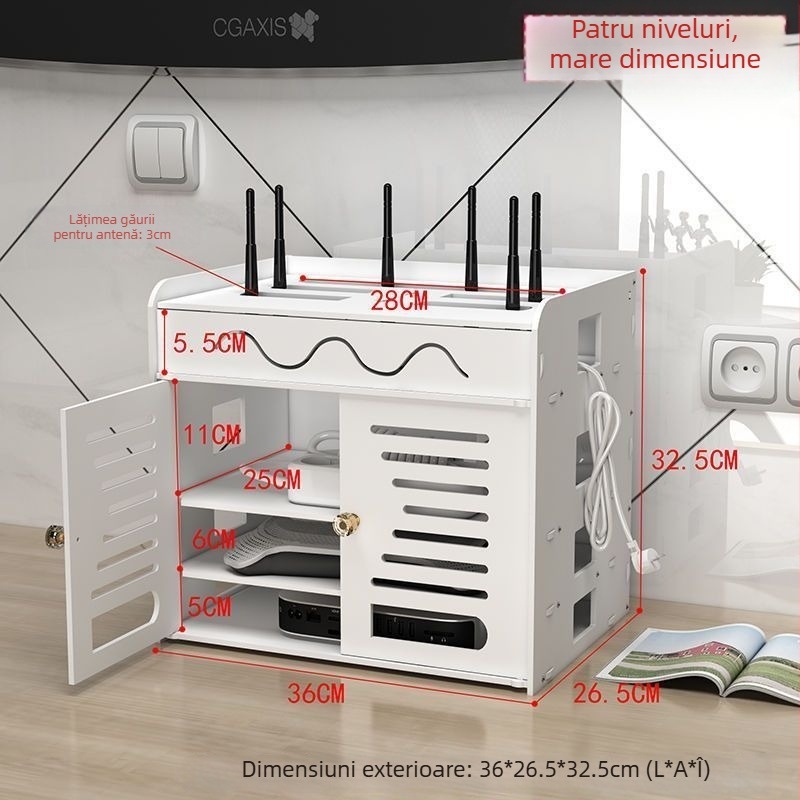 Cutie de depozitare pentru router, structură PVC cu 4 niveluri, organizator cabluri rezistent la praf și umezeală, design simplu și modern, 1 bucată