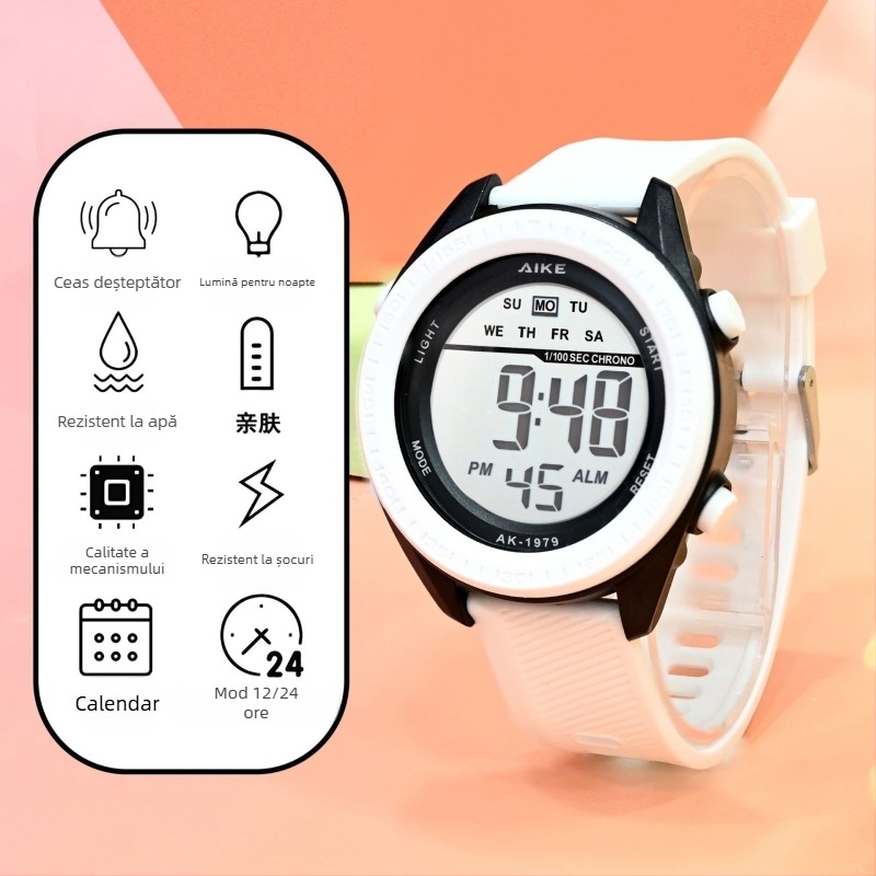 Ceas electronic unisex cu afișaj digital, rezistență la apă 30M, cadran 45mm, curea TPU, carcasă ABS, pentru elevi