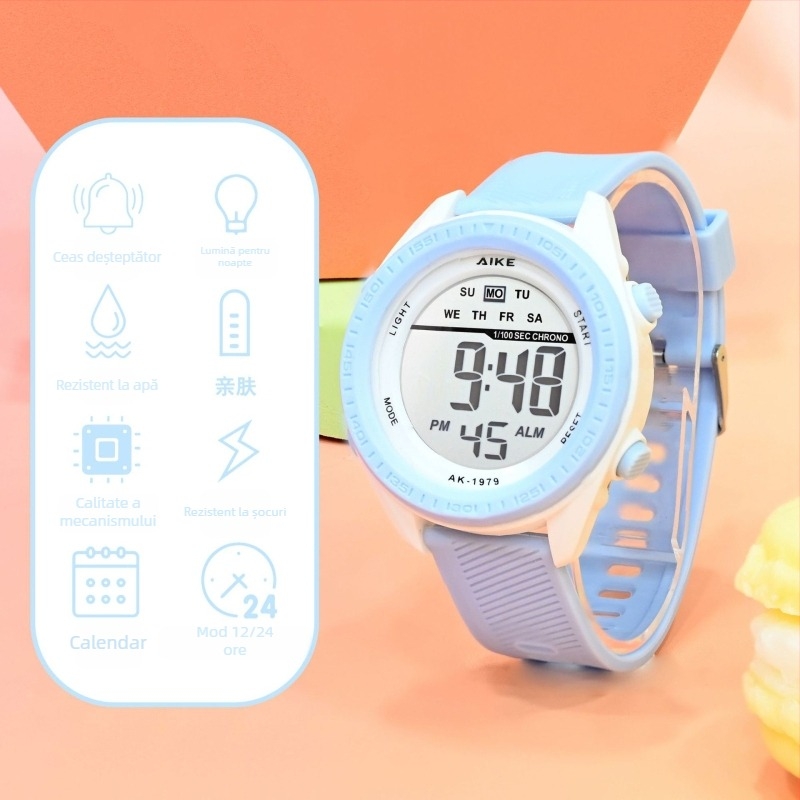 Ceas electronic unisex cu afișaj digital, rezistență la apă 30M, cadran 45mm, curea TPU, carcasă ABS, pentru elevi