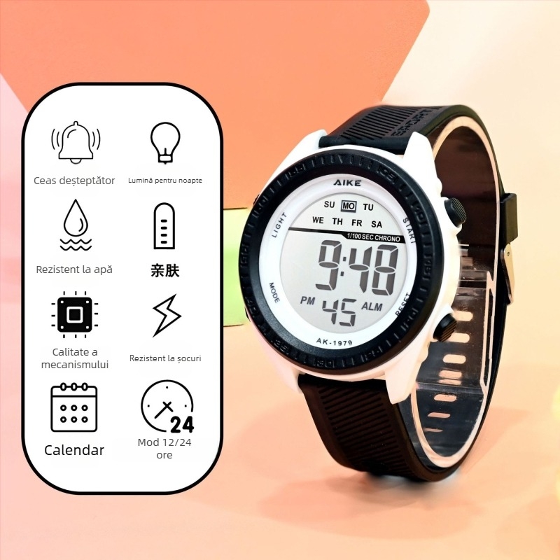 Ceas electronic unisex cu afișaj digital, rezistență la apă 30M, cadran 45mm, curea TPU, carcasă ABS, pentru elevi