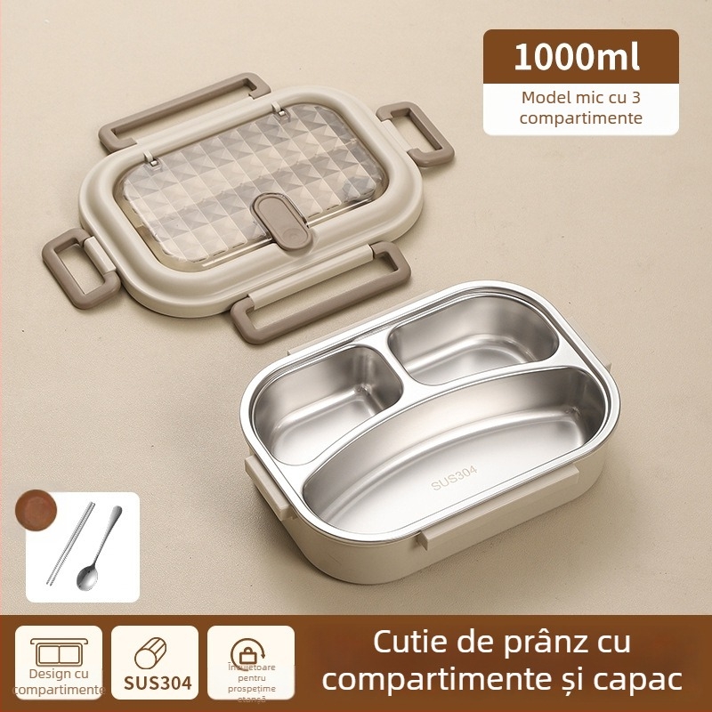 Cutie de prânz din 304 oțel inoxidabil + PP, izolată, sigură pentru microunde, 1–2 L, strat unic/dublu cu compartimente
