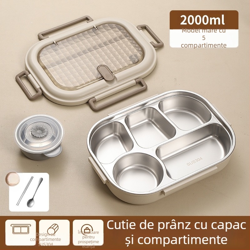 Cutie de prânz din 304 oțel inoxidabil + PP, izolată, sigură pentru microunde, 1–2 L, strat unic/dublu cu compartimente