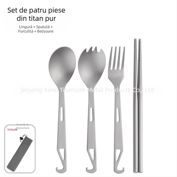 Unelte de camping: lingură 4 în 1 pentru supă, lingură pentru salată, furculiță pentru tort și fructe cu deschizător de sticle; titan pur, design modern minimalist, portabil