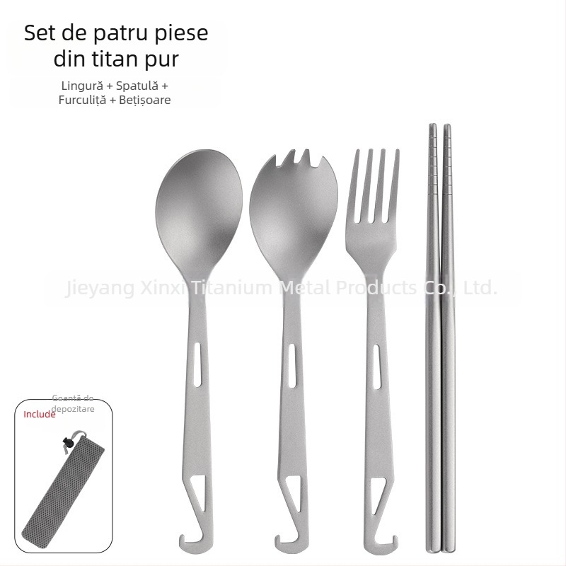Unelte de camping: lingură 4 în 1 pentru supă, lingură pentru salată, furculiță pentru tort și fructe cu deschizător de sticle; titan pur, design modern minimalist, portabil