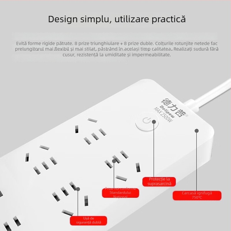 Delipu priză cu 8 prize, cablu pentru casă și birou – 220-250V, 2500W, conductor din cupru, carcasă PP