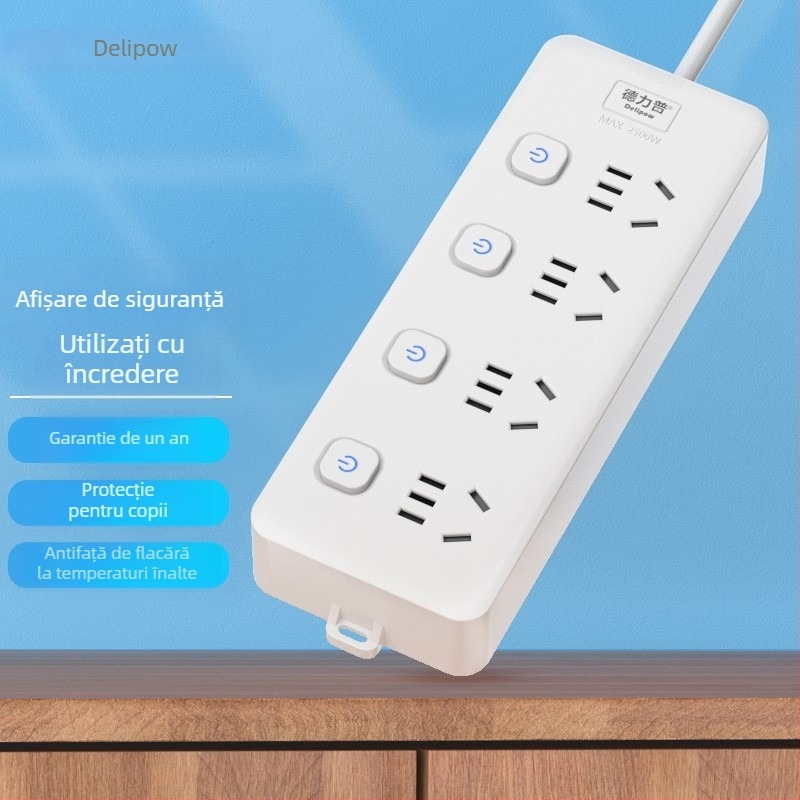 Delipu priză cu 8 prize, cablu pentru casă și birou – 220-250V, 2500W, conductor din cupru, carcasă PP
