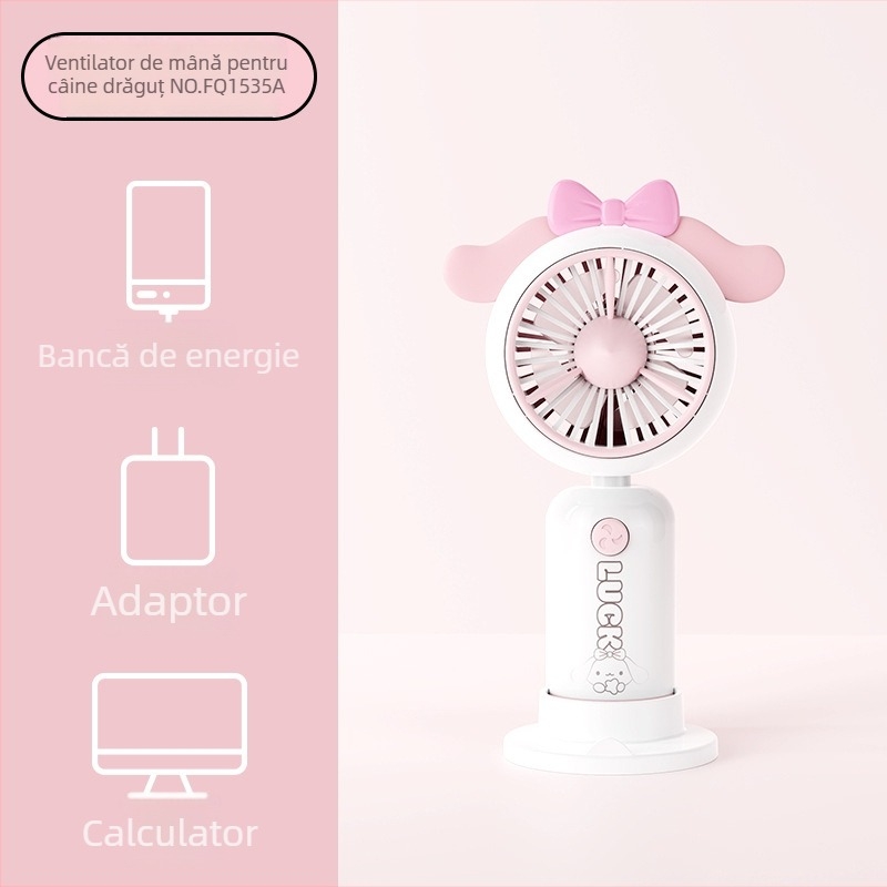 Ventilator de buzunar cu design desen animat, mâner imprimat și urechi de desene, reîncărcabil, baterie încorporată 100-300 mAh, 5V, 5W, zgomot 36-45 dB, autonomie baterie 0-1 h