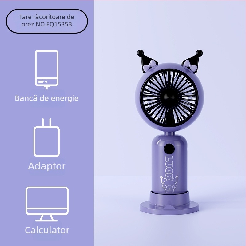 Ventilator de buzunar cu design desen animat, mâner imprimat și urechi de desene, reîncărcabil, baterie încorporată 100-300 mAh, 5V, 5W, zgomot 36-45 dB, autonomie baterie 0-1 h