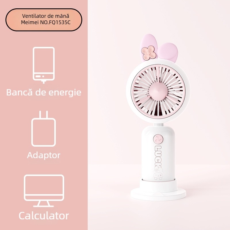 Ventilator de buzunar cu design desen animat, mâner imprimat și urechi de desene, reîncărcabil, baterie încorporată 100-300 mAh, 5V, 5W, zgomot 36-45 dB, autonomie baterie 0-1 h