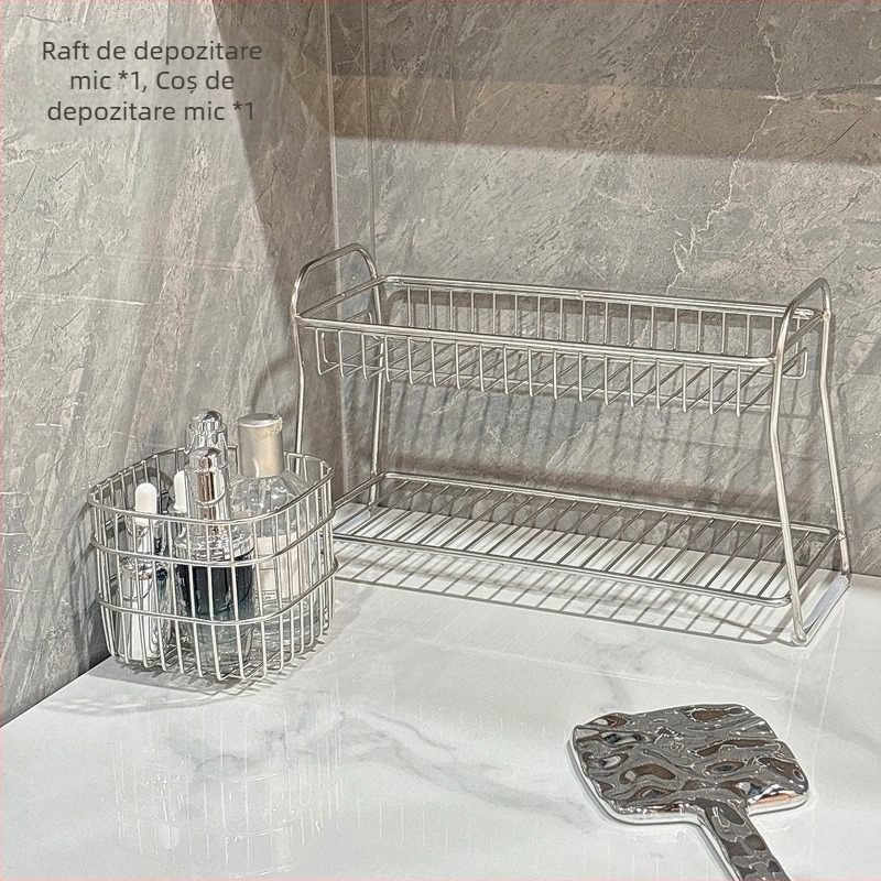 Raft de depozitare pentru baie din oțel inoxidabil, două niveluri, organizator de masă, mobil, rezistent la coroziune, fără montaj