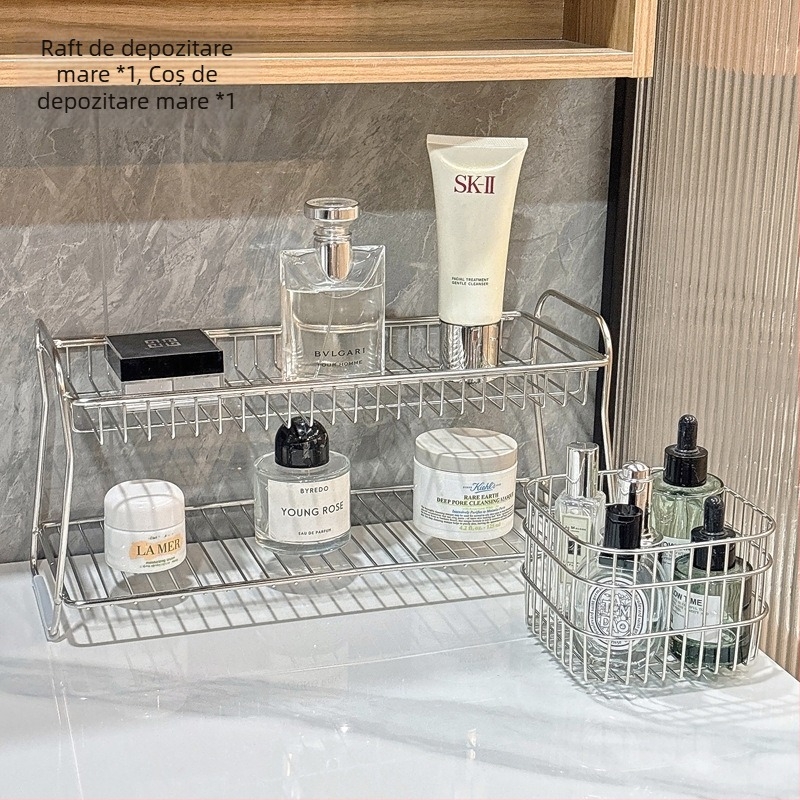 Raft de depozitare pentru baie din oțel inoxidabil, două niveluri, organizator de masă, mobil, rezistent la coroziune, fără montaj