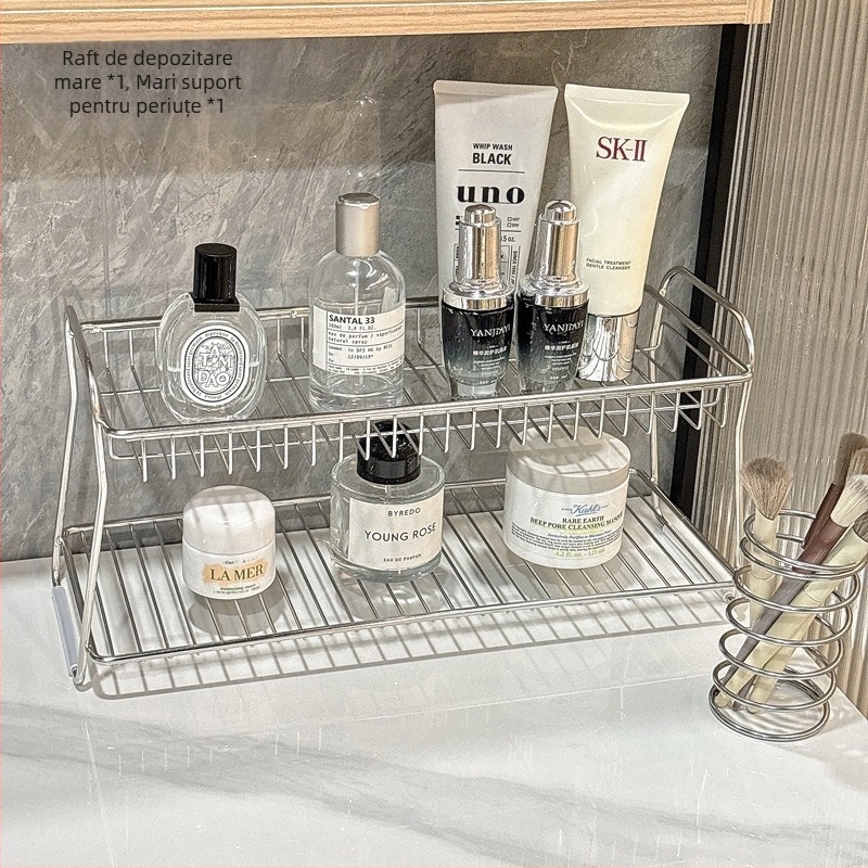 Raft de depozitare pentru baie din oțel inoxidabil, două niveluri, organizator de masă, mobil, rezistent la coroziune, fără montaj