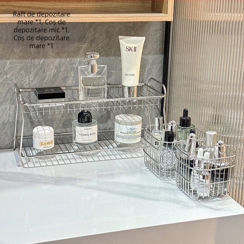 Raft de depozitare pentru baie din oțel inoxidabil, două niveluri, organizator de masă, mobil, rezistent la coroziune, fără montaj