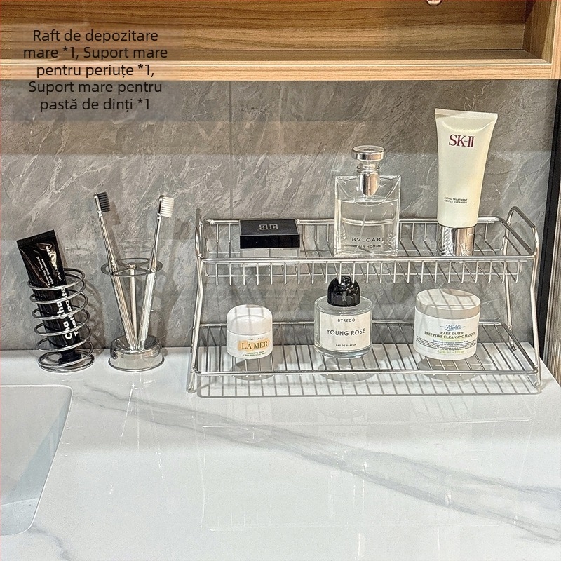 Raft de depozitare pentru baie din oțel inoxidabil, două niveluri, organizator de masă, mobil, rezistent la coroziune, fără montaj