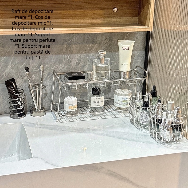 Raft de depozitare pentru baie din oțel inoxidabil, două niveluri, organizator de masă, mobil, rezistent la coroziune, fără montaj