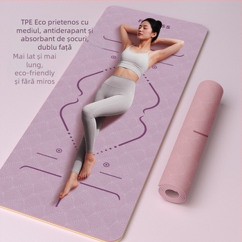 Covoraș yoga TPE – pliabil, ultra-lat, ultra-gros, anti-derapant, absorbant șocuri, silențios; Material: TPE; Grosime: 6 mm; Greutate: 490 g; Model: Linii de poziție