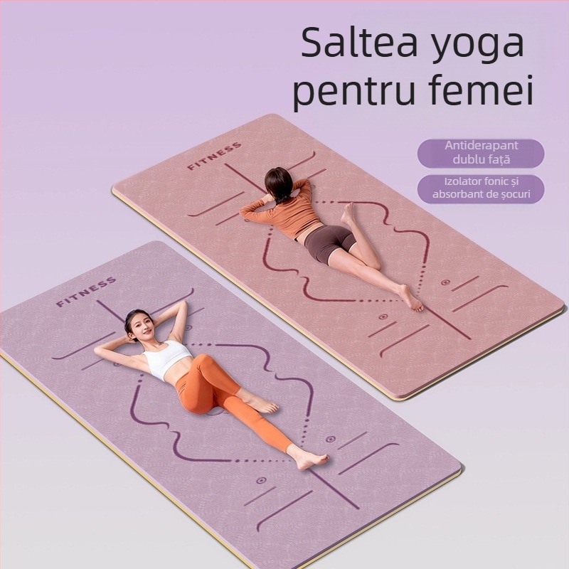 Covoraș yoga TPE – pliabil, ultra-lat, ultra-gros, anti-derapant, absorbant șocuri, silențios; Material: TPE; Grosime: 6 mm; Greutate: 490 g; Model: Linii de poziție