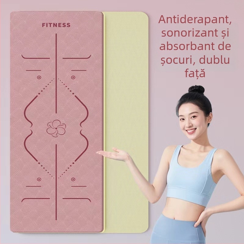 Covoraș yoga TPE – pliabil, ultra-lat, ultra-gros, anti-derapant, absorbant șocuri, silențios; Material: TPE; Grosime: 6 mm; Greutate: 490 g; Model: Linii de poziție