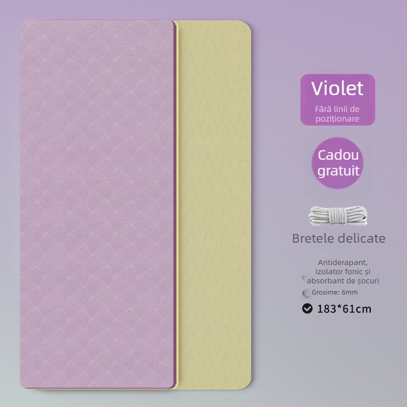 Covoraș yoga TPE – pliabil, ultra-lat, ultra-gros, anti-derapant, absorbant șocuri, silențios; Material: TPE; Grosime: 6 mm; Greutate: 490 g; Model: Linii de poziție