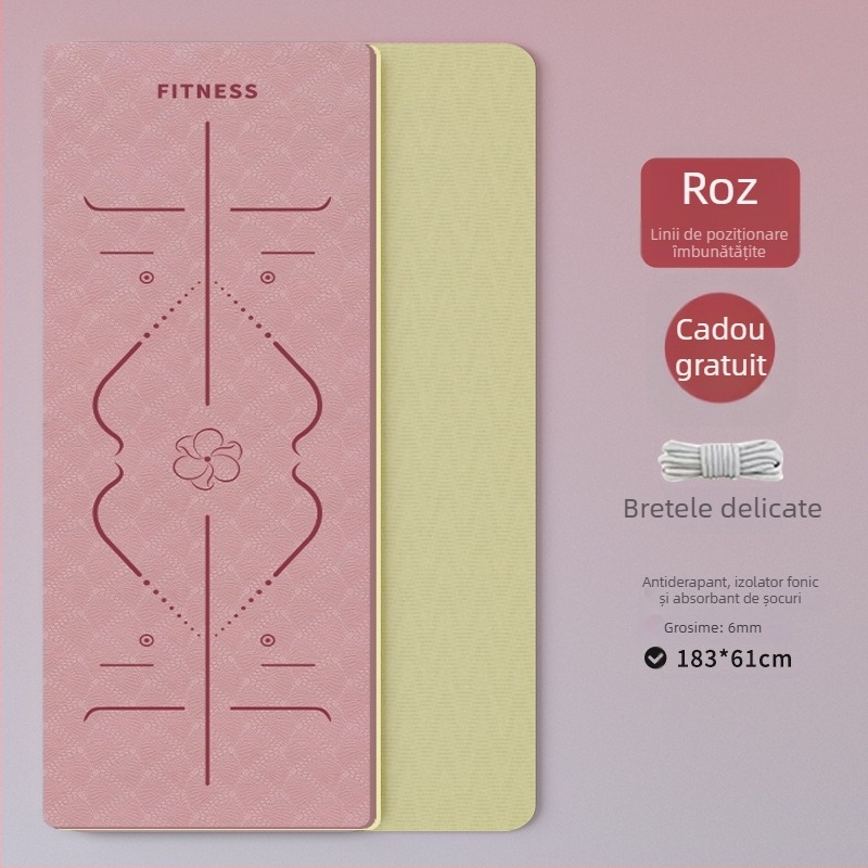 Covoraș yoga TPE – pliabil, ultra-lat, ultra-gros, anti-derapant, absorbant șocuri, silențios; Material: TPE; Grosime: 6 mm; Greutate: 490 g; Model: Linii de poziție