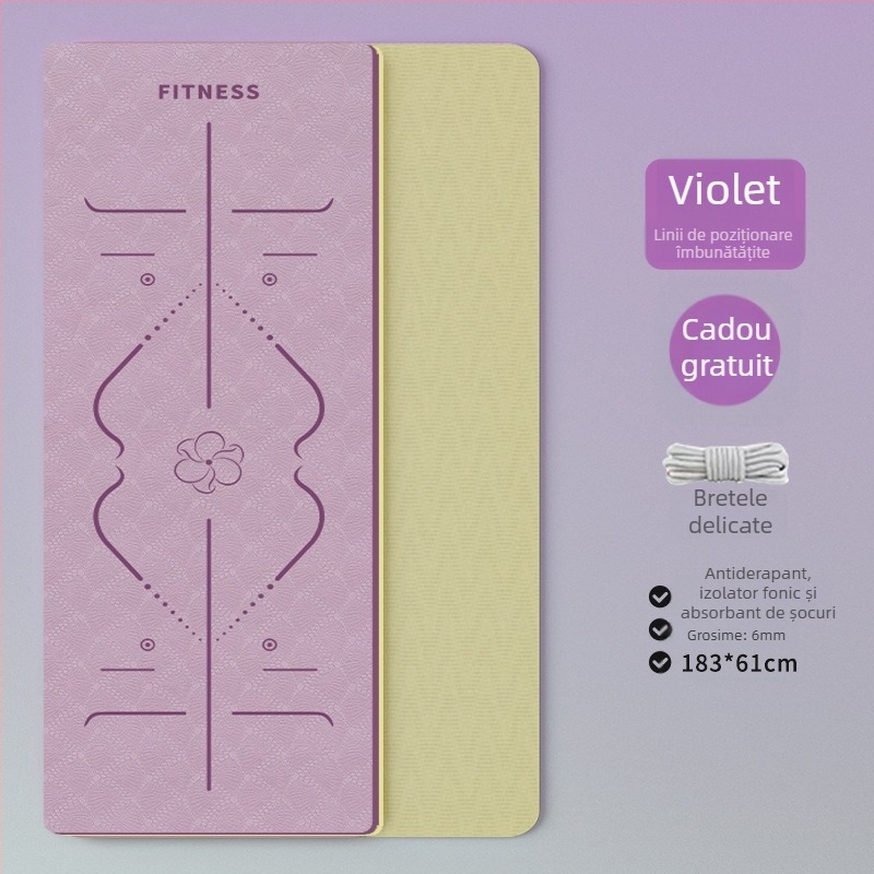 Covoraș yoga TPE – pliabil, ultra-lat, ultra-gros, anti-derapant, absorbant șocuri, silențios; Material: TPE; Grosime: 6 mm; Greutate: 490 g; Model: Linii de poziție