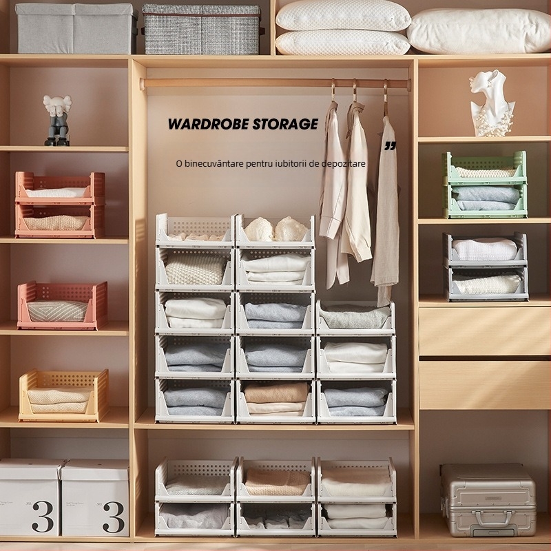 Organizator pentru garderobă cu compartimente pe niveluri, pliabil, din plastic, pentru montaj pe podea, 1 nivel