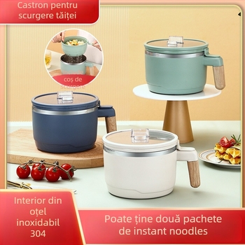 Bol pentru tăiței instant din oțel inoxidabil 304, cu coș de scurgere și capac transparent, cutie de prânz cu două niveluri, capacitate 1-2 L