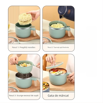 Bol pentru tăiței instant din oțel inoxidabil 304, cu coș de scurgere și capac transparent, cutie de prânz cu două niveluri, capacitate 1-2 L