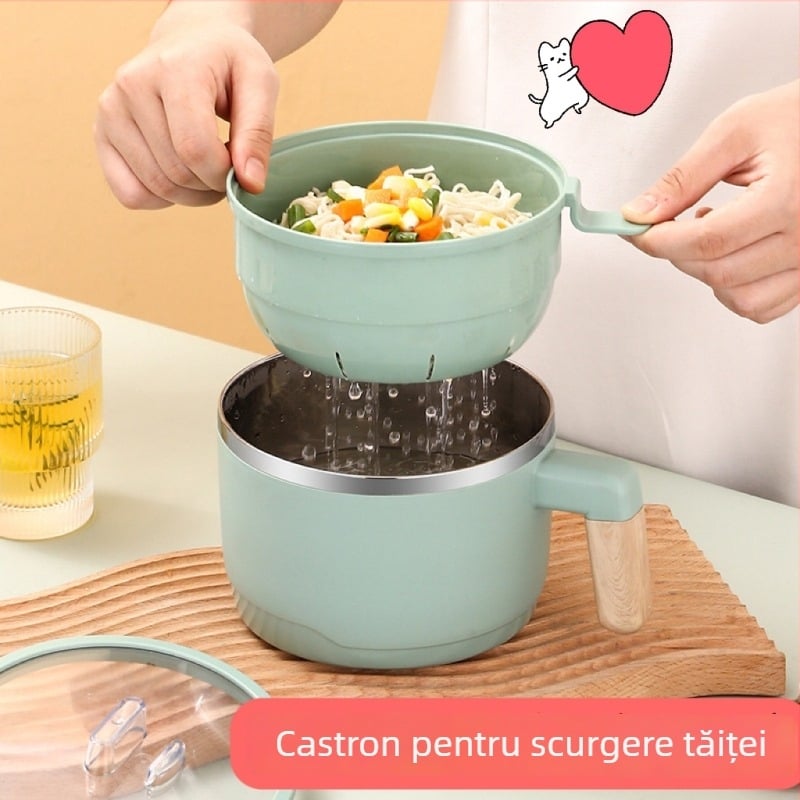 Bol pentru tăiței instant din oțel inoxidabil 304, cu coș de scurgere și capac transparent, cutie de prânz cu două niveluri, capacitate 1-2 L