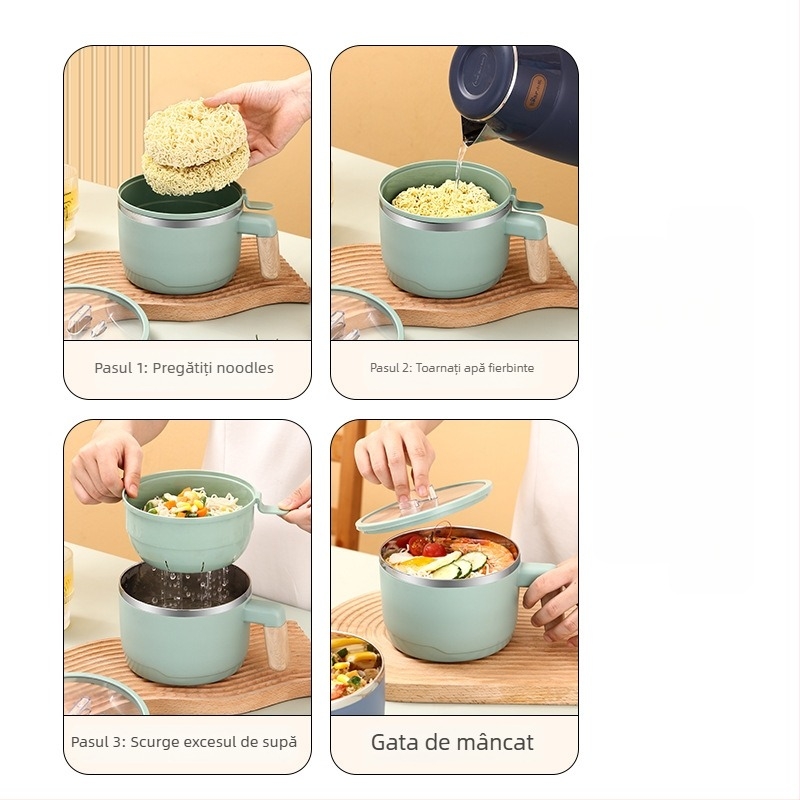 Bol pentru tăiței instant din oțel inoxidabil 304, cu coș de scurgere și capac transparent, cutie de prânz cu două niveluri, capacitate 1-2 L