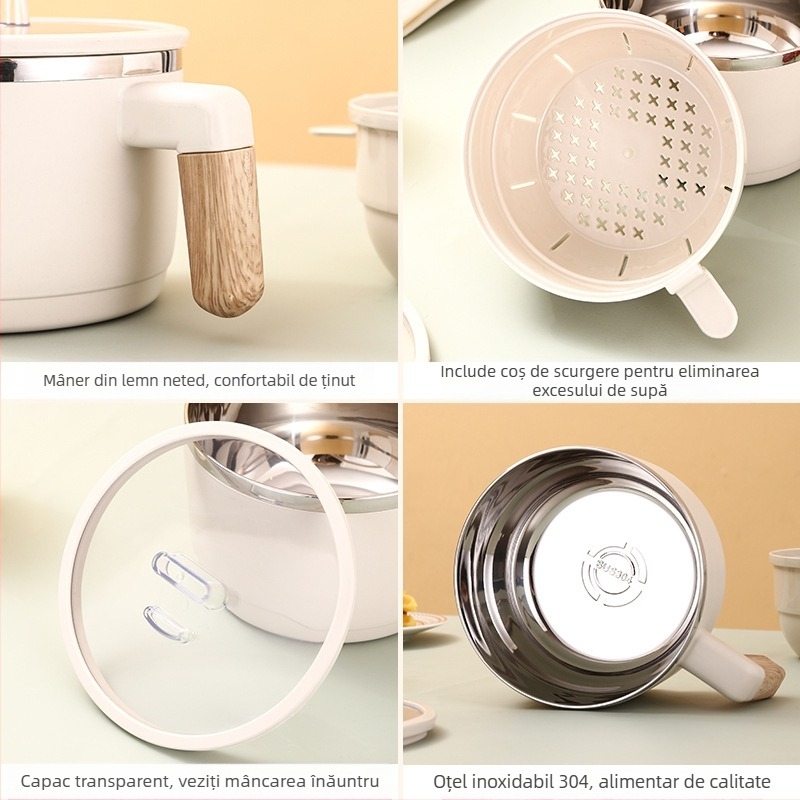 Bol pentru tăiței instant din oțel inoxidabil 304, cu coș de scurgere și capac transparent, cutie de prânz cu două niveluri, capacitate 1-2 L