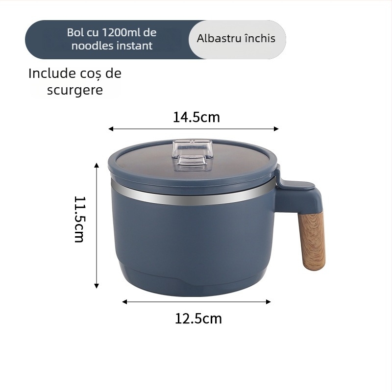 Bol pentru tăiței instant din oțel inoxidabil 304, cu coș de scurgere și capac transparent, cutie de prânz cu două niveluri, capacitate 1-2 L