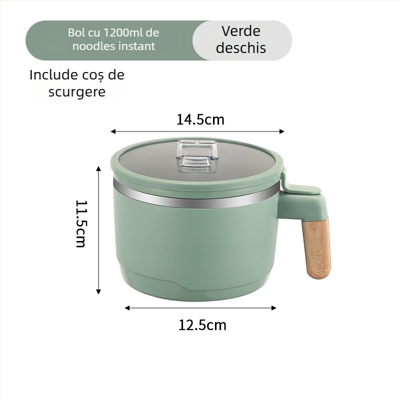 Bol pentru tăiței instant din oțel inoxidabil 304, cu coș de scurgere și capac transparent, cutie de prânz cu două niveluri, capacitate 1-2 L