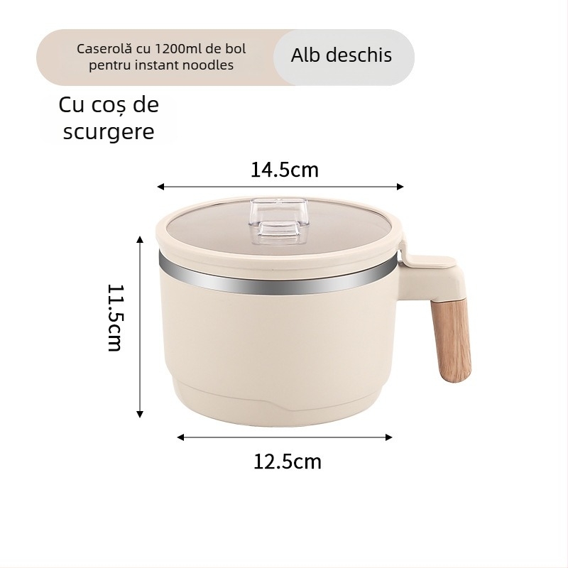 Bol pentru tăiței instant din oțel inoxidabil 304, cu coș de scurgere și capac transparent, cutie de prânz cu două niveluri, capacitate 1-2 L