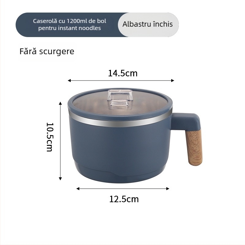 Bol pentru tăiței instant din oțel inoxidabil 304, cu coș de scurgere și capac transparent, cutie de prânz cu două niveluri, capacitate 1-2 L