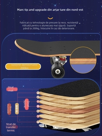 Skateboard SWAY, placă din artar cu șapte straturi, rocker dublu, utilizare generală
