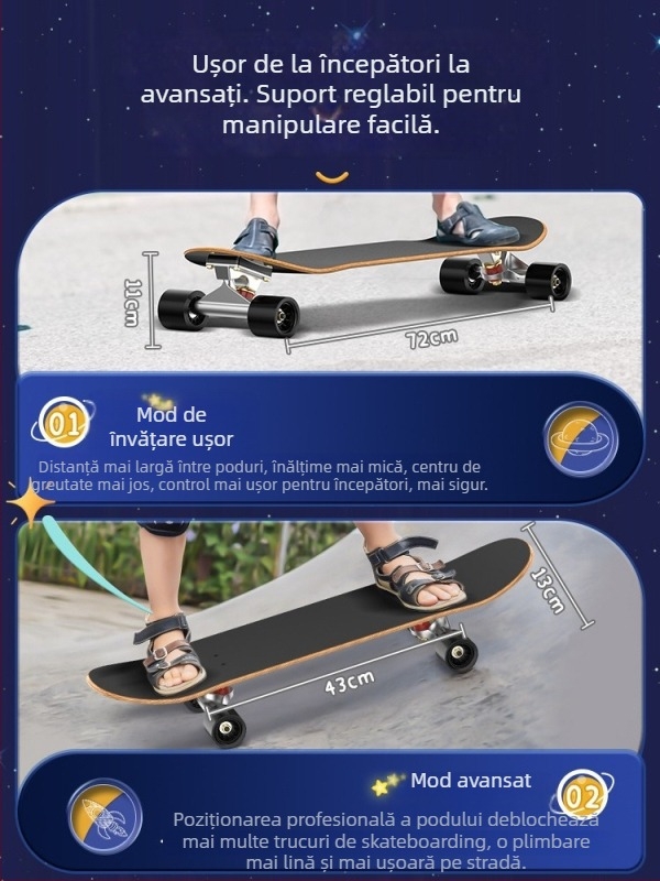 Skateboard SWAY, placă din artar cu șapte straturi, rocker dublu, utilizare generală