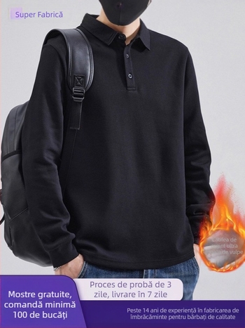 Polo pentru bărbați cu mânecă lungă, căptușeală fleece pentru căldură, croială lejeră, amestec din bumbac și poliester, potrivit pentru toamnă-iarnă
