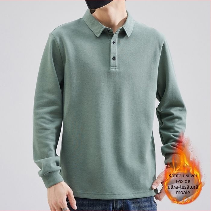 Polo pentru bărbați cu mânecă lungă, căptușeală fleece pentru căldură, croială lejeră, amestec din bumbac și poliester, potrivit pentru toamnă-iarnă