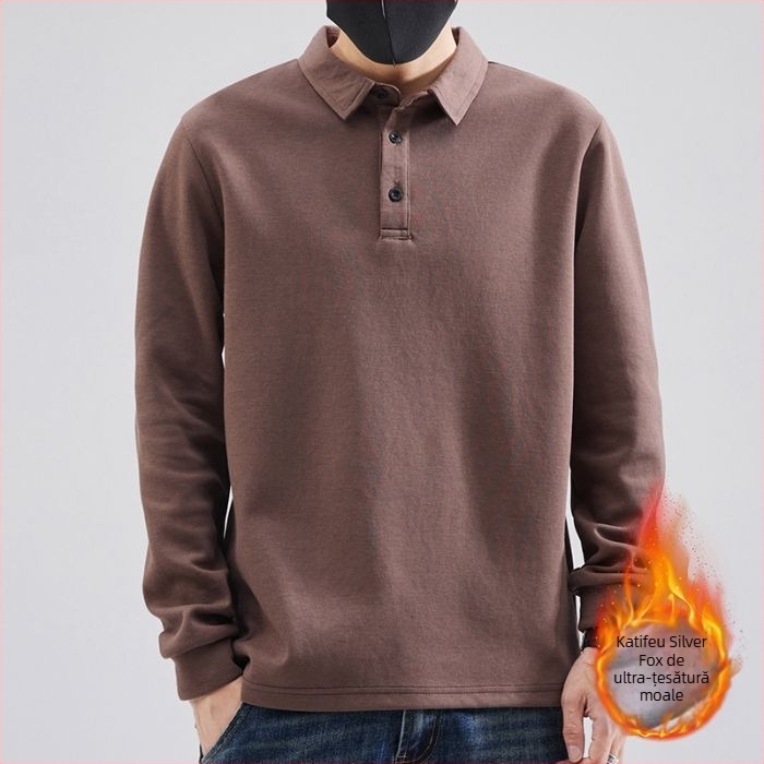 Polo pentru bărbați cu mânecă lungă, căptușeală fleece pentru căldură, croială lejeră, amestec din bumbac și poliester, potrivit pentru toamnă-iarnă