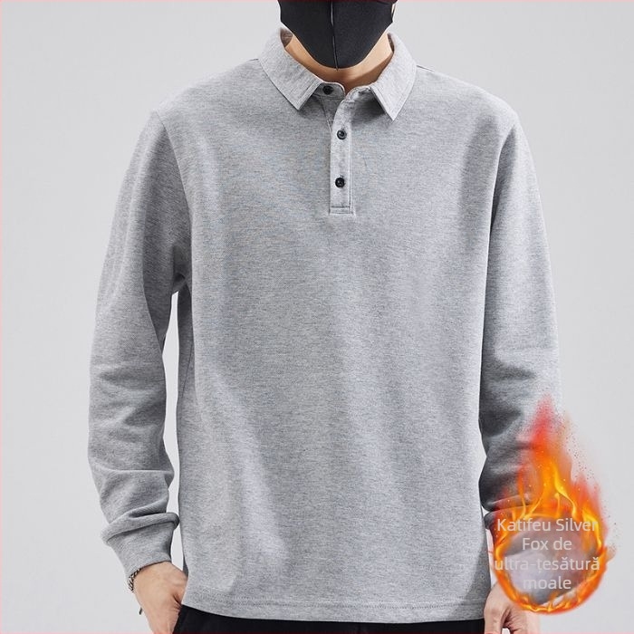 Polo pentru bărbați cu mânecă lungă, căptușeală fleece pentru căldură, croială lejeră, amestec din bumbac și poliester, potrivit pentru toamnă-iarnă