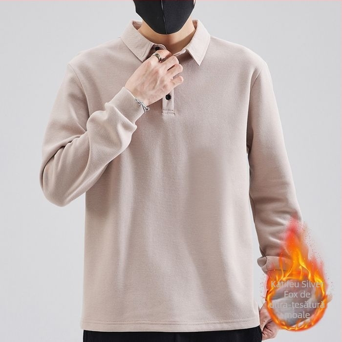 Polo pentru bărbați cu mânecă lungă, căptușeală fleece pentru căldură, croială lejeră, amestec din bumbac și poliester, potrivit pentru toamnă-iarnă