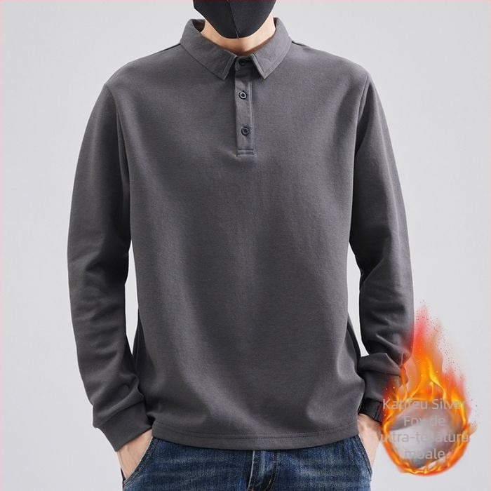 Polo pentru bărbați cu mânecă lungă, căptușeală fleece pentru căldură, croială lejeră, amestec din bumbac și poliester, potrivit pentru toamnă-iarnă