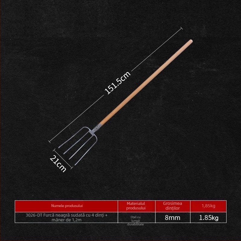 furculiță de grădină din oțel cu mâner din lemn — model DT-black welded steel fork; greutate 0,75 kg; corp: oțel; mâner: lemn
